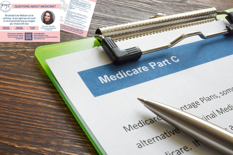 Medicare Part C overview graphic showing Medicare Advantage plan types and benefits including HMO, PPO, SNP, and extra services like dental and vision coverage.