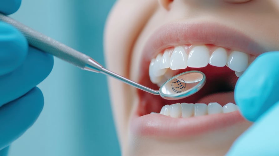 Close-up of a dental exam with a mirror tool reflecting clean teeth, symbolizing preventive, basic, and major dental care covered under California dental insurance plans.