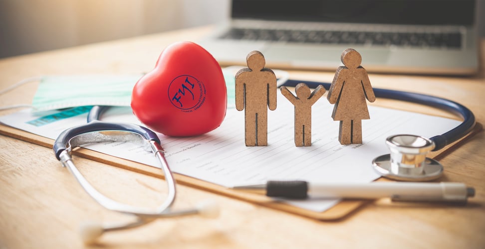 Health insurance concept showing a stethoscope, medical mask, heart with FYI logo, and a family cutout—representing different types of coverage including ACA, short-term, group, and health sharing plans.