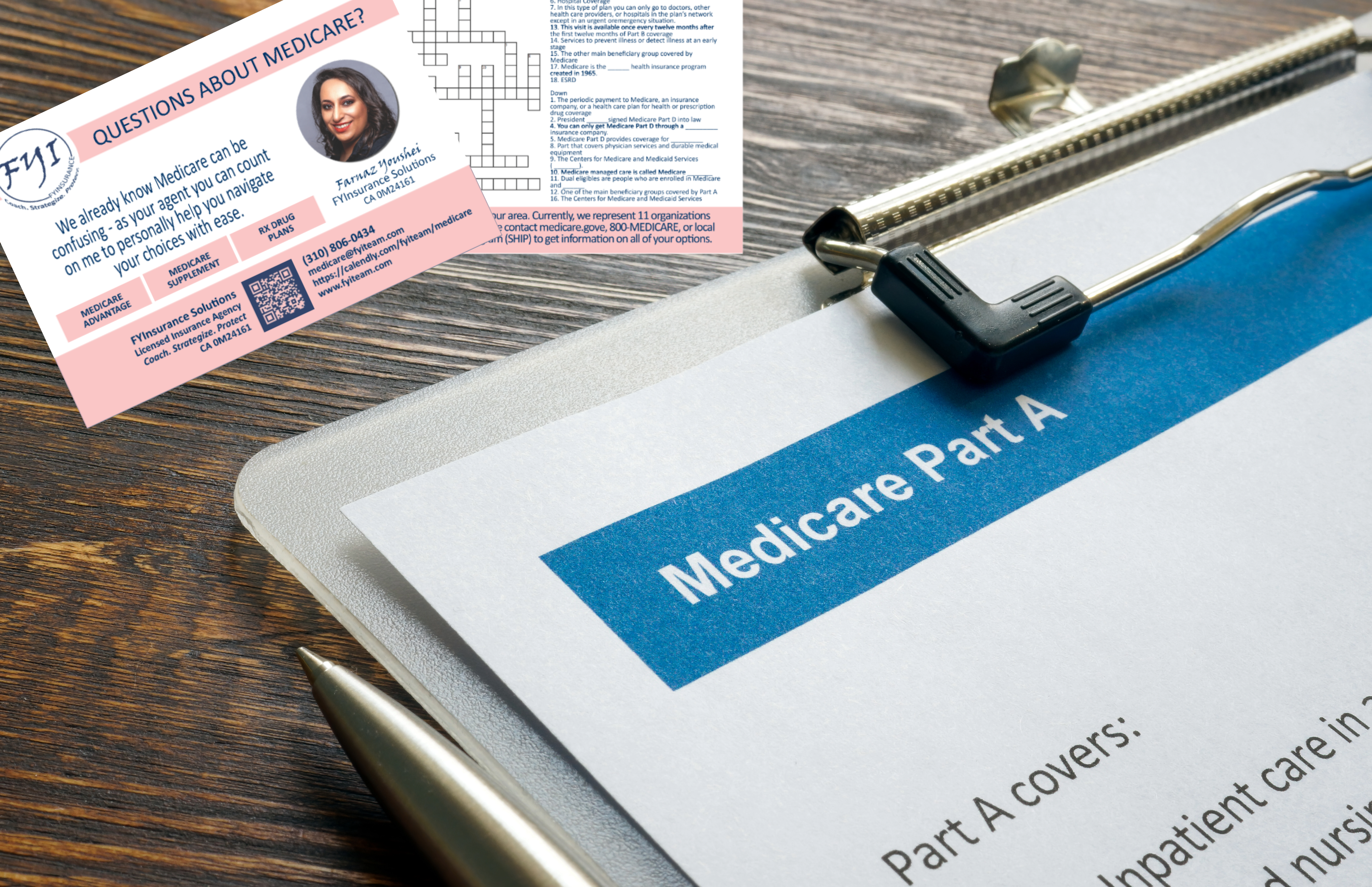 Medicare Part A document on clipboard alongside Medicare information card—illustrating hospital insurance coverage details and personalized support from FYInsurance Solutions