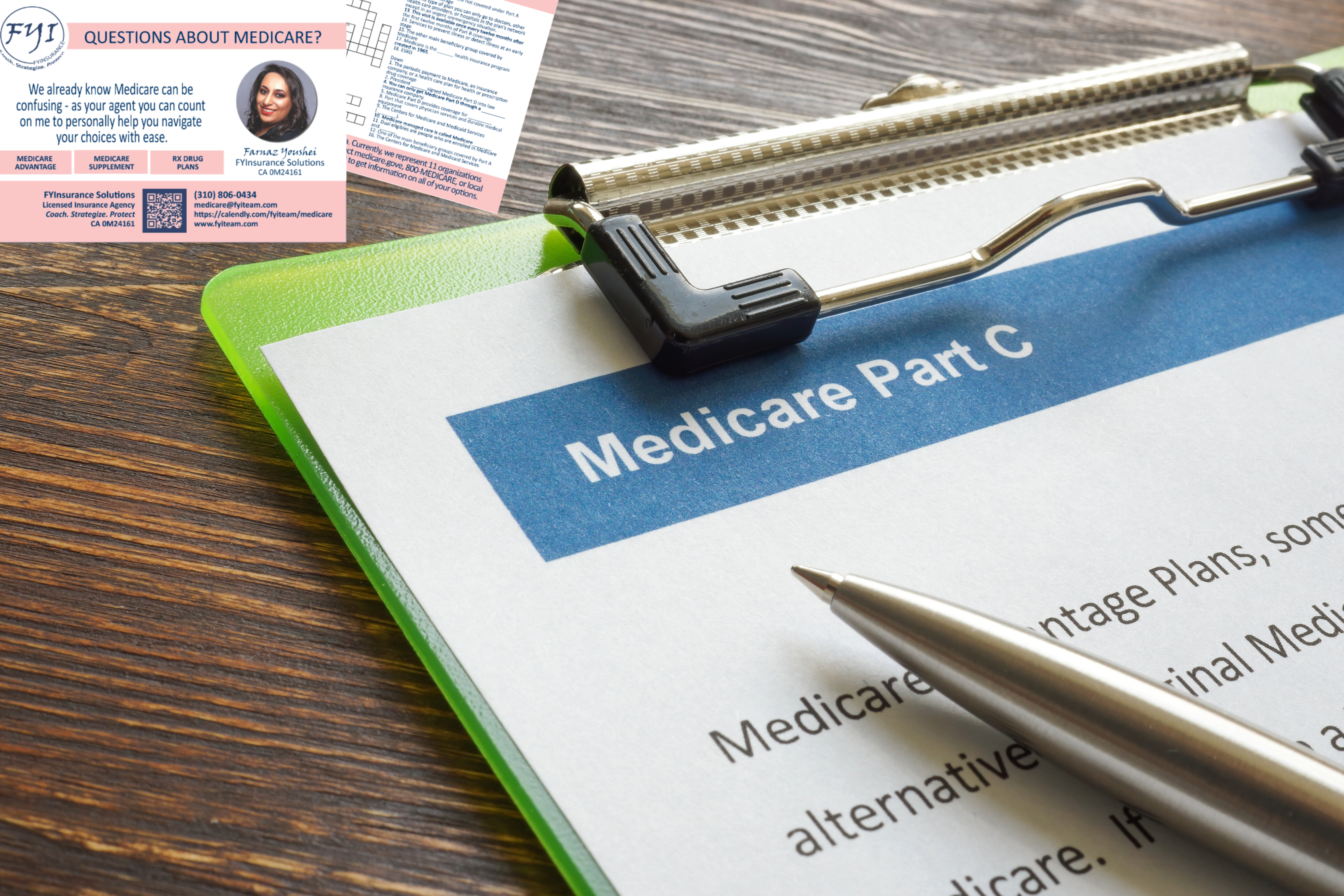 Medicare Part C overview graphic showing Medicare Advantage plan types and benefits including HMO, PPO, SNP, and extra services like dental and vision coverage.