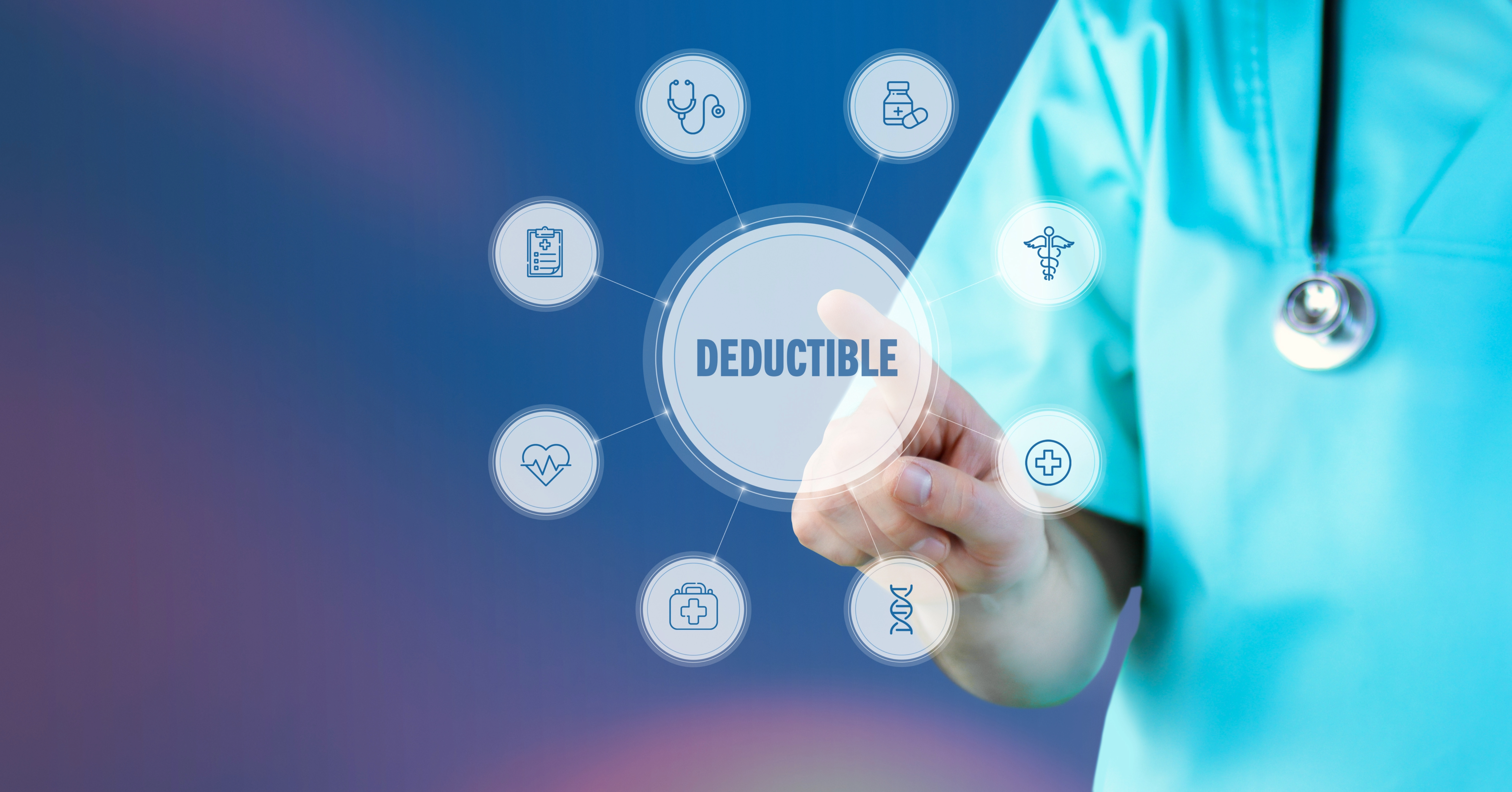 Medical professional using a virtual interface to explain deductible and other health insurance costs, aimed at educating consumers about their healthcare plan options