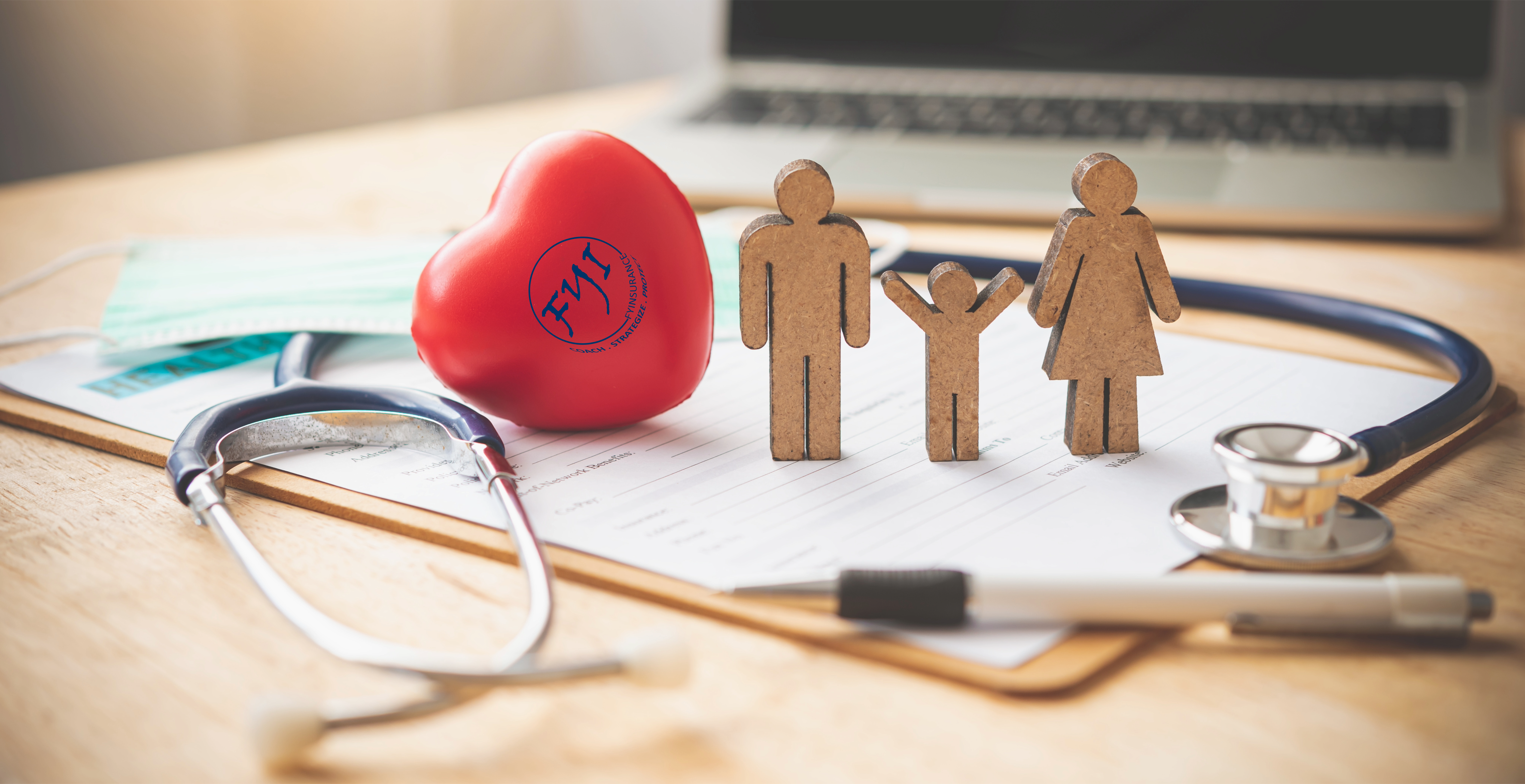 Health insurance concept showing a stethoscope, medical mask, heart with FYI logo, and a family cutout—representing different types of coverage including ACA, short-term, group, and health sharing plans.