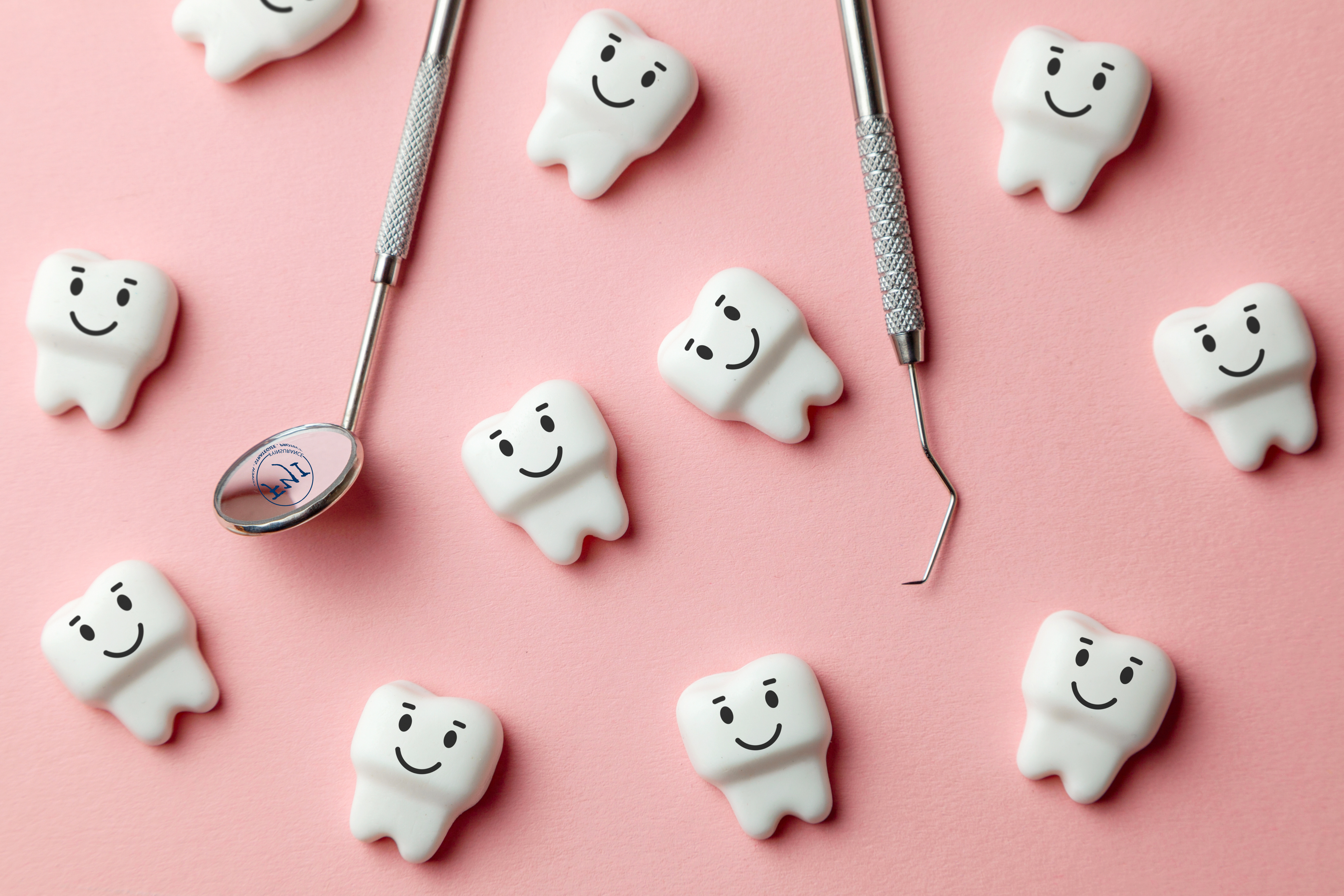 Dental tools and smiling tooth icons on a pink background, representing the link between oral hygiene, brain health, and the importance of dental insurance