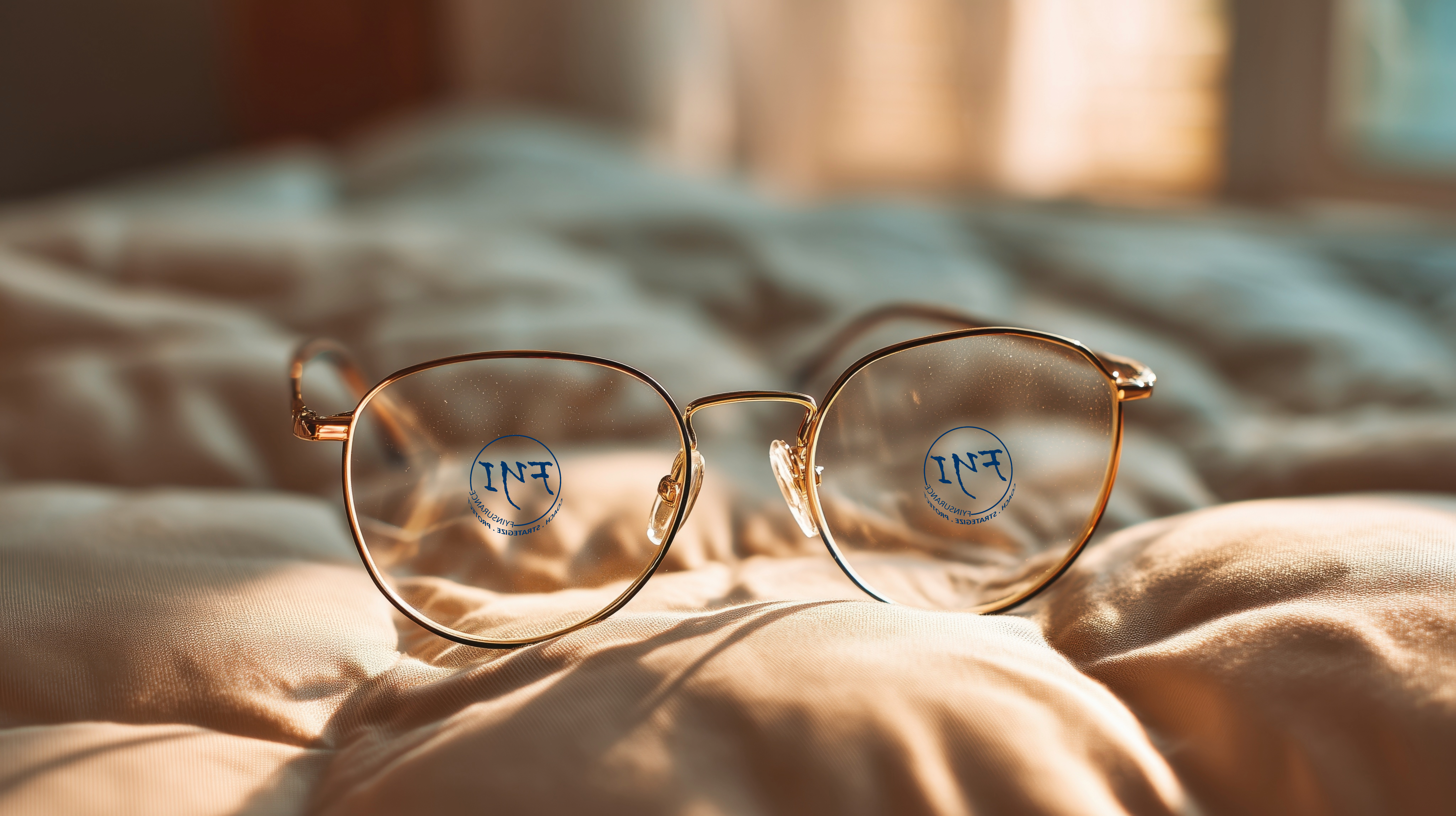 Eyeglasses resting on a bed with FYInsurance Solutions' logo reflected in the lenses, representing the importance of clear, accessible vision insurance for California families